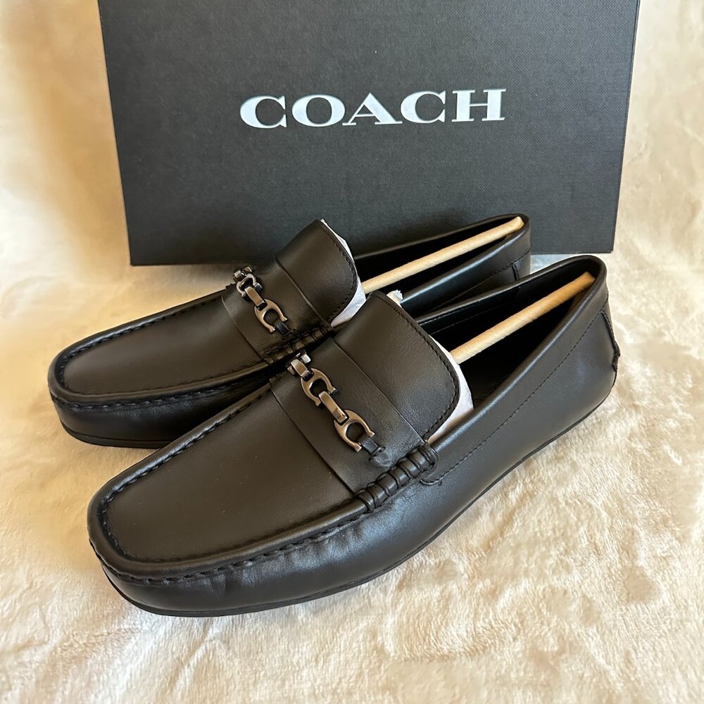 NIB! Coach CI326 Men’s Black Leather Mott Chain Drivers Slip On In Size US7/EU40